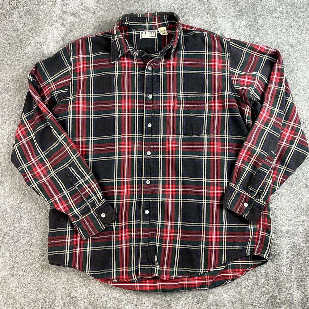 Vintage LL Bean Plaid Button Down Flannel Shirt Mens L Cotton Green Red Classic